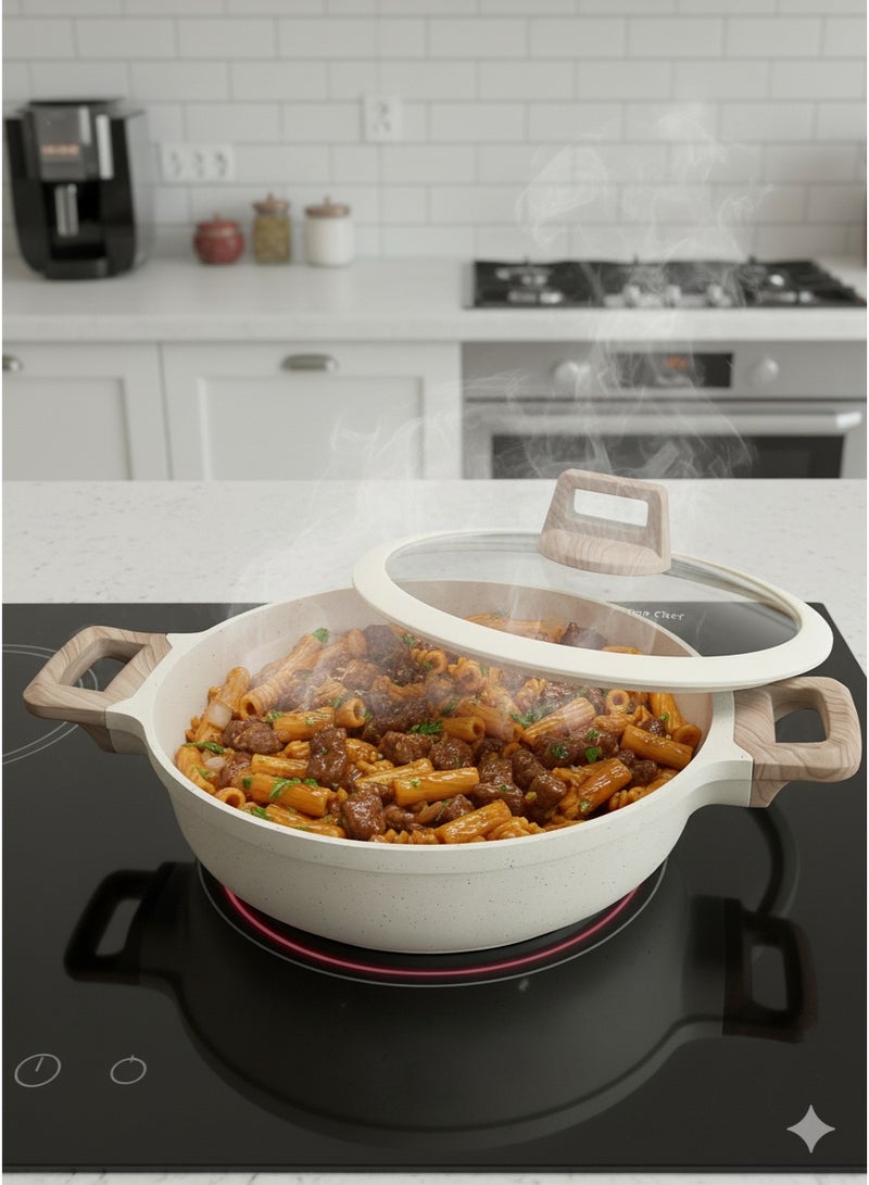 توب شيف طقم أدوات طهي وقدور ومقالي مطلية بالجرانيت بأسطح مانعة للالتصاق ومقابض خشبية وأغطية من الزجاج مزودة بالسيليكون المقوى وخالية من حمض بيرفلورو الأوكتانويك مكون من 10 قطع - لون بيج - Image 2